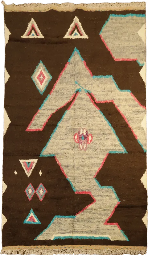Abstract Geometric Brown and Grey Moroccan Wool Rug with Earth Tone Accents 6'x10'