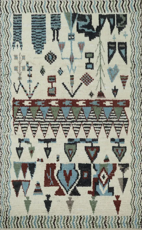 Southwestern Vibes White Moroccan with Colorful Geometric Pattern Wool Rug 6x9