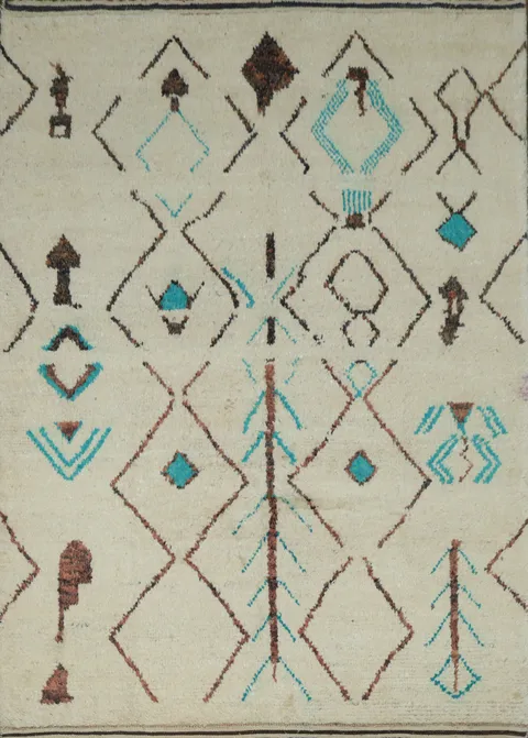 Moroccan Ivory and Turquoise Wool Rug with Bold Geometric Motifs 6x10