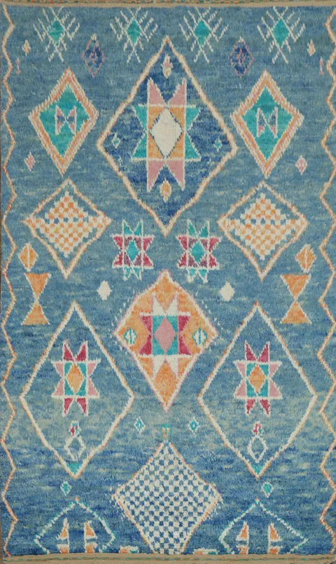 Artisanal Wool Blue Moroccan Rug Featuring Playful Diamond Shapes 6x10 ft