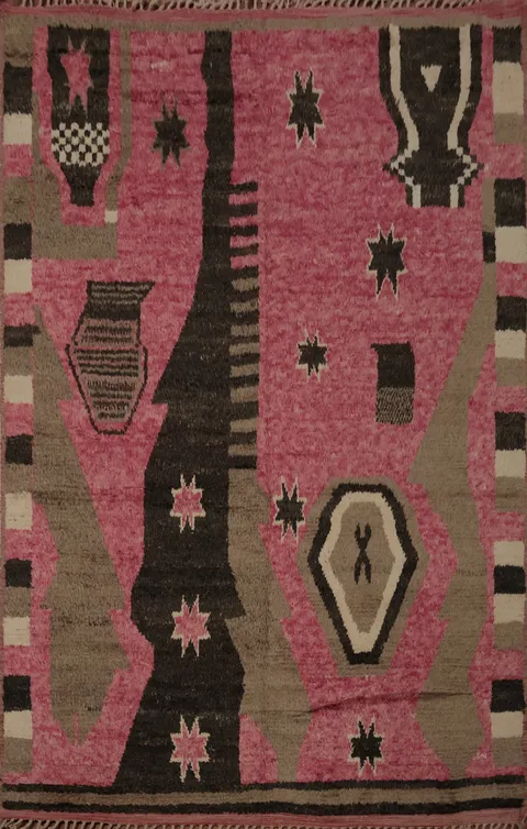 Stylish Pink Moroccan Handmade Area Rug 8x11 with Star Motifs