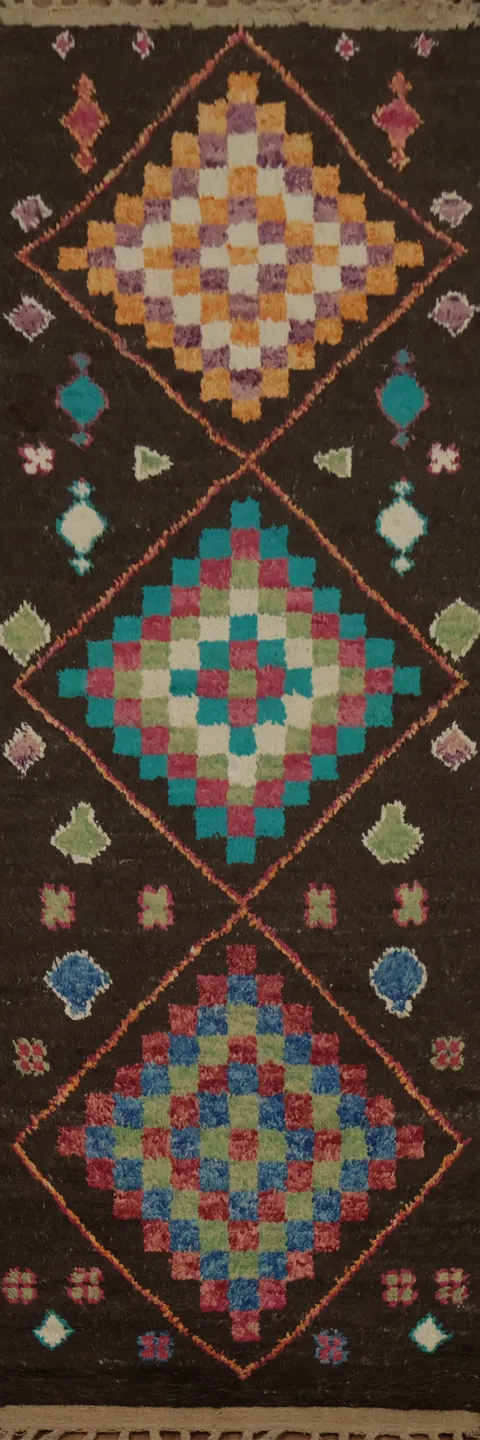 Dynamic Moroccan Wool Runner Rug 3x13 with Geometric Elegance
