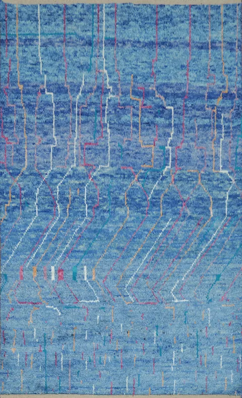 Abstract Sky Blue Rug with Linear Artistic Details 6x10