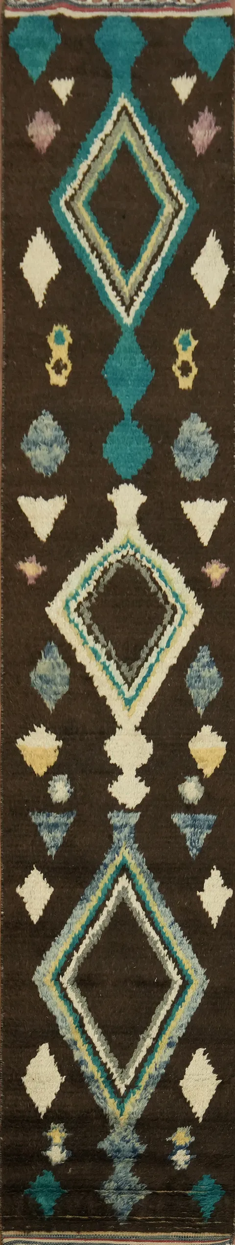 Geometric Patterned Moroccan Runner Rug with Vibrant Teal and Cream Accents 12' 10'' X 2' 5''