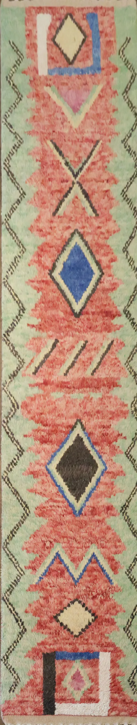 Modern Bohemian Green Moroccan Runner Featuring Vibrant Tribal Patterns 2x13 ft