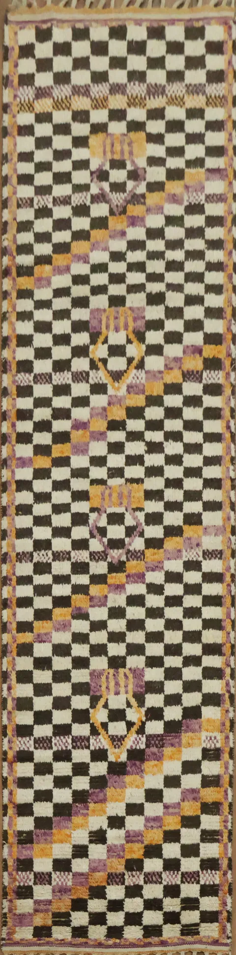 Checkered Moroccan Handmade Runner Rug 3x13