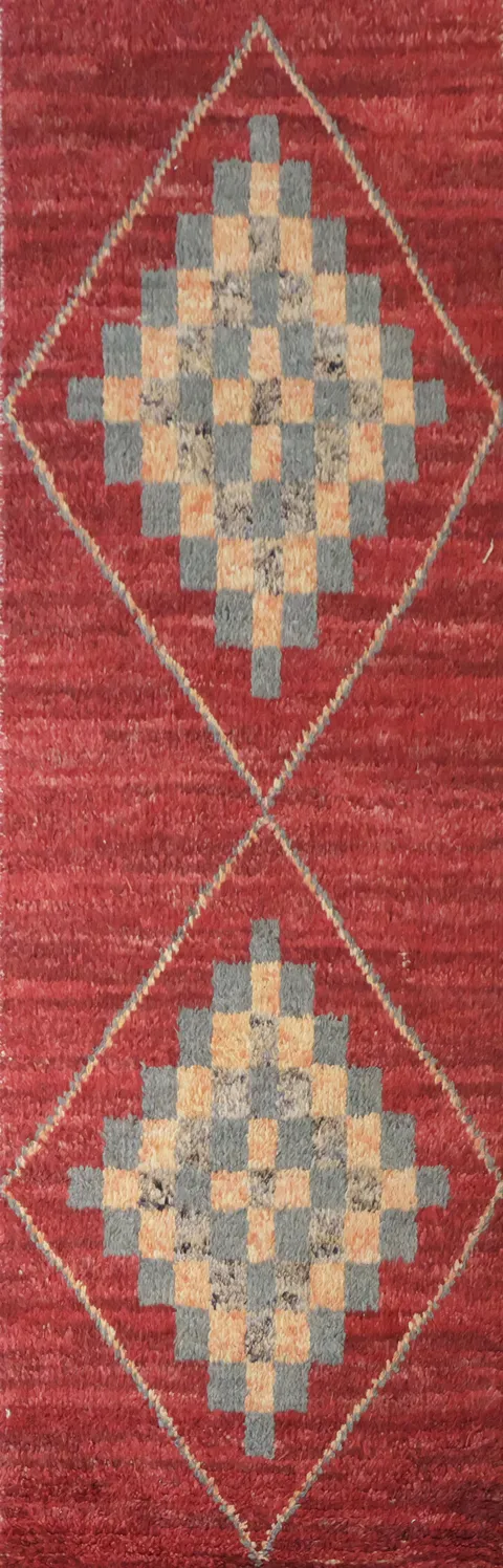 Contemporary Moroccan Runner Rug with Bold Red and Subtle Grey Accents 3x9 ft