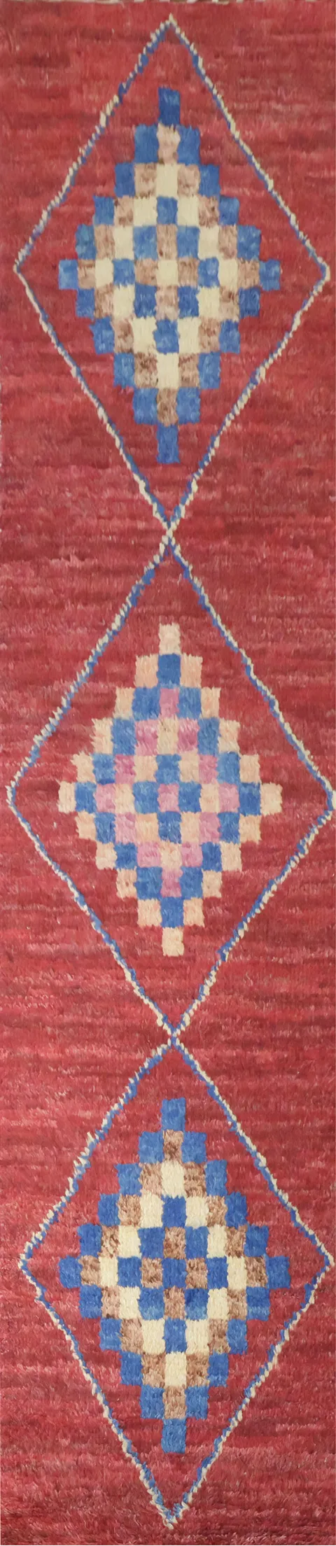 Multicolored diamond Moroccan Runner on deep red background 3x12 ft