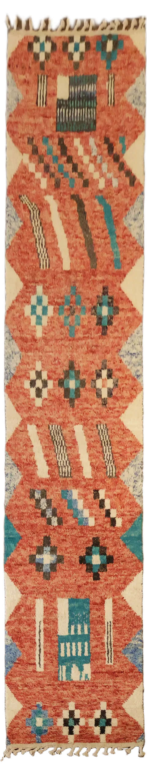 Vintage-Style Moroccan Tribal Wool Runner 3x15 | Hand-Knotted Red & Blue Rug