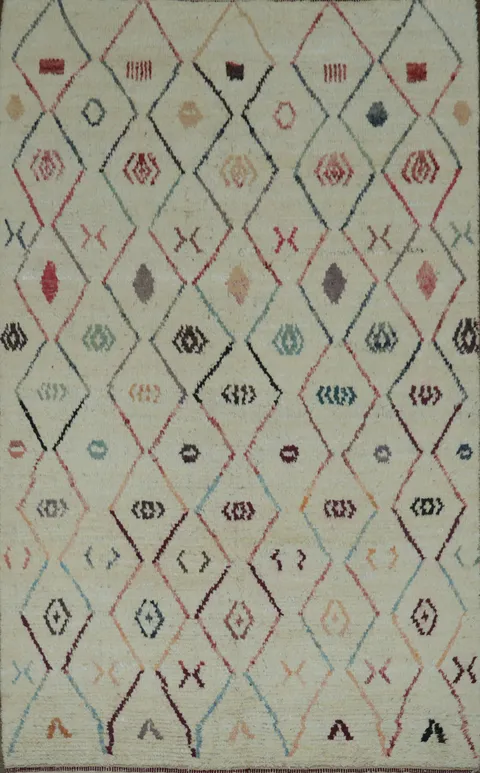 Versatile Off-White Moroccan Rug with Colorful Abstract Diamond Motifs 6x9