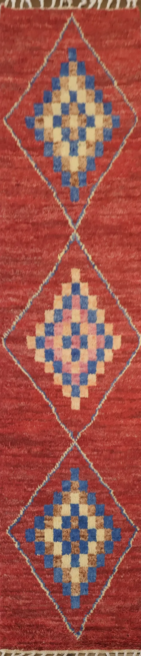 Geometric Tribal Moroccan Red Runner with Diamond Patterns 3x12 ft