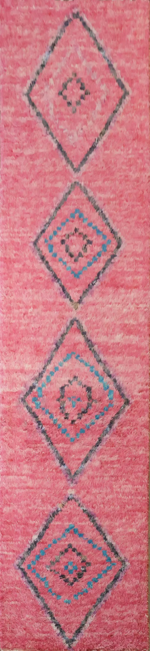 Vibrant Geometric Pink Runner Rug with Blue Accents 3x13 ft
