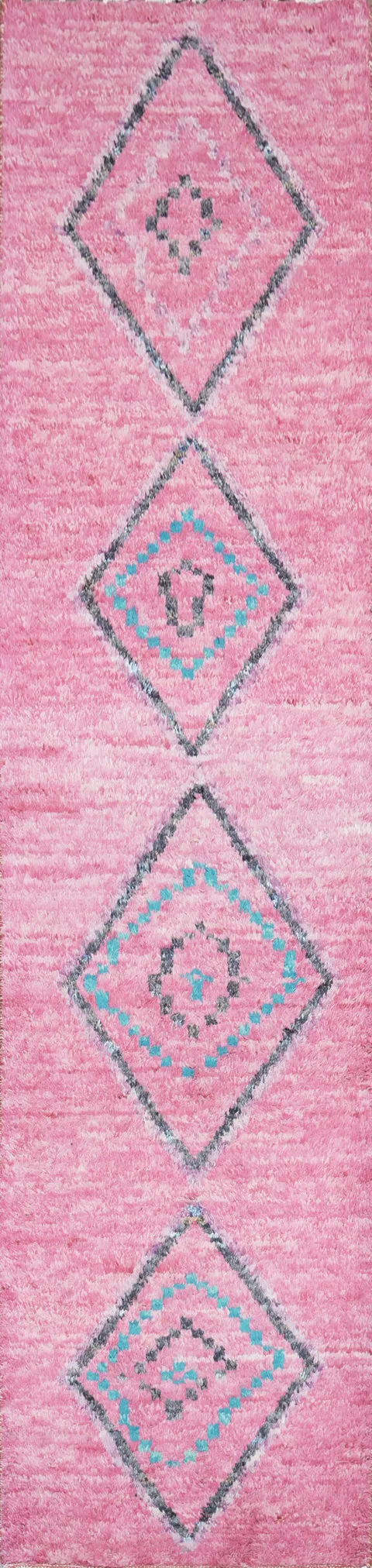 Soft Moroccan Pink Runner Rug with Unique Diamond Designs 3x13 ft