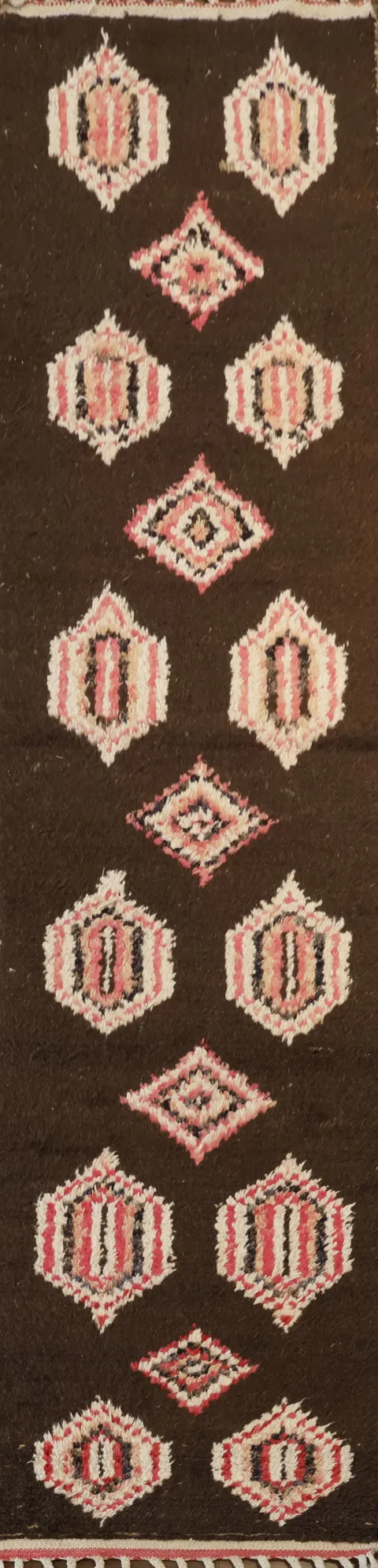 Elegant Dark Brown Runner Rug with Pink and Ivory Accents 2x10 ft