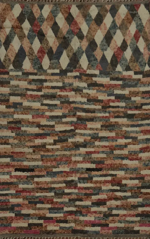 Moroccan Area Rug 8x11 with Earthy Tones and Colorful Stripes