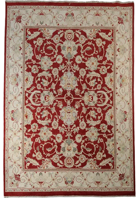 Luxurious Red and Cream Floral Wool Area Rug 8x10 ft