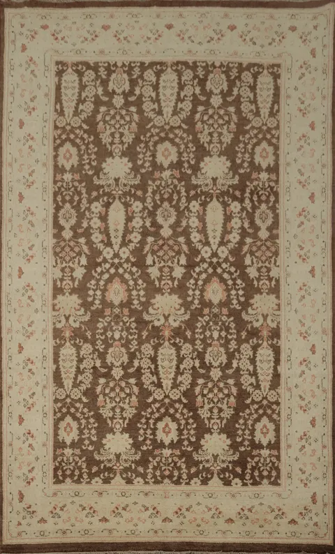 Brown Floral Oushak Chobi Wool Area Rug 6x10