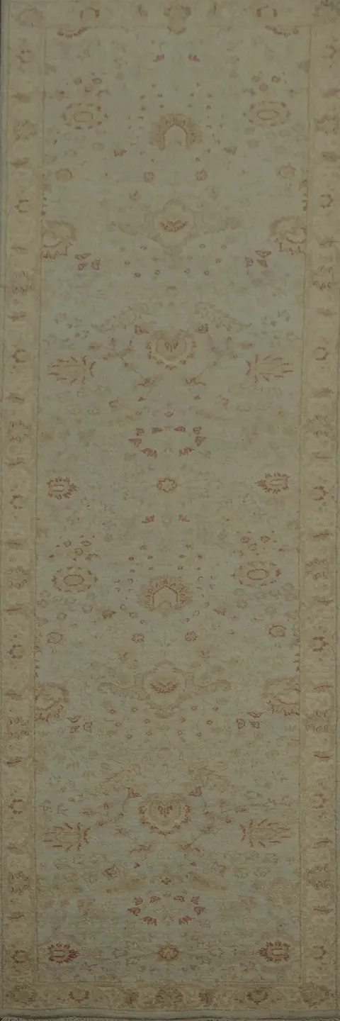 Foam Green Peshawar Chobi Runner Rug 3x10 with Subtle Floral Patterns