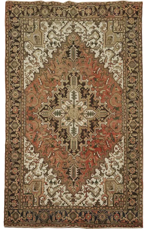 Geometric Coral Red Heriz Hand-Knotted Wool Area Rug 7'x9'