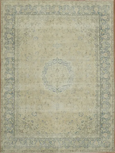 Vintage Beige Distressed Persian Rug with Detailed Blue Floral Borders and Medallion 10x13