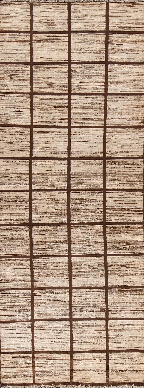 Earth-Tone Checkered Gabbeh Kashkoli Wool Runner Rug 3x9