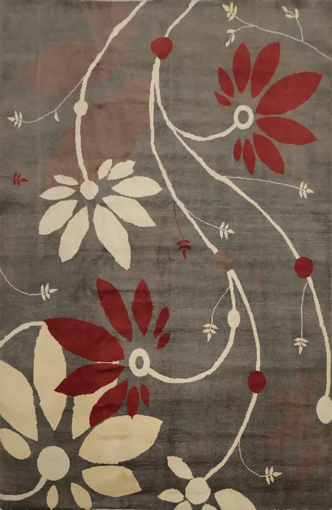 Modern Grey Rug Featuring Bold Red and White Flowers 6x8