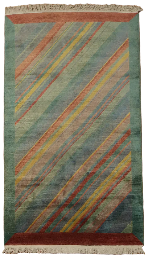 Nepalese Abstract Rug with Striking Diagonal Stripes and Fringe 5x8