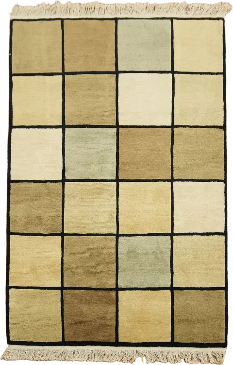 Vegetable Dye Earth-Tone Nepalese Checkered Area Rug 4x6