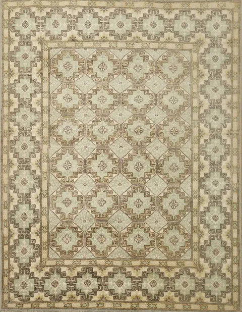 Classic Geometric Design Green and Beige Wool Rug 5x6