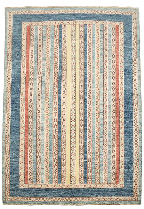 Colorful striped Moharramat Style Rug with a blend of traditional designs