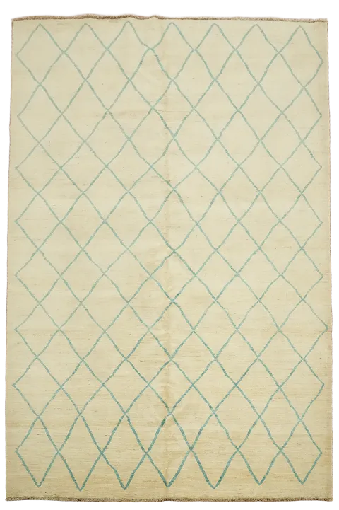 Modern Trellis Cream Rug with Intricate Teal Lattice Design 6'x9'