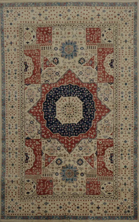 Artisan Khotan Vegetable Dye Area Rug 7x10 with Geometric Center
