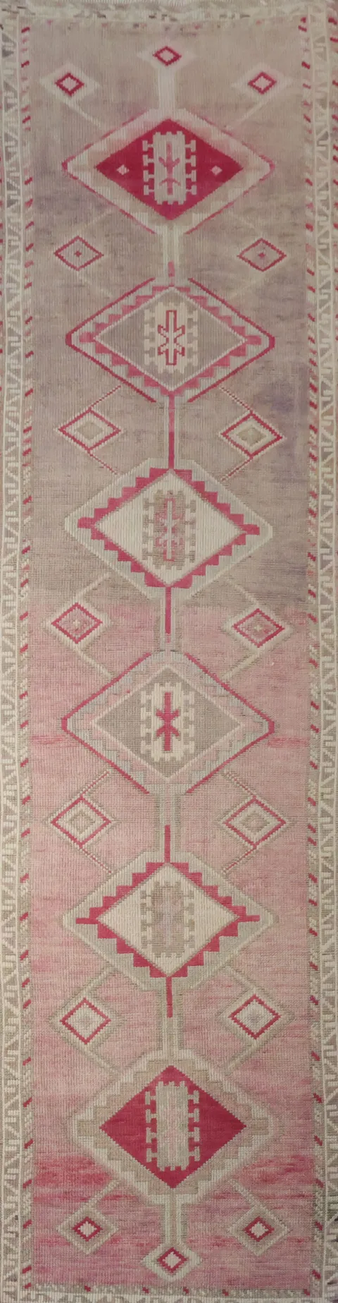 Vintage-Inspired Turkish Tribal Runner Rug in Soft Pink Tones 3x10 ft