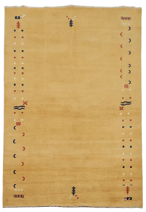 Elegant Gold Gabbeh Rug with Geometric Symbol Border Design 7x10 ft