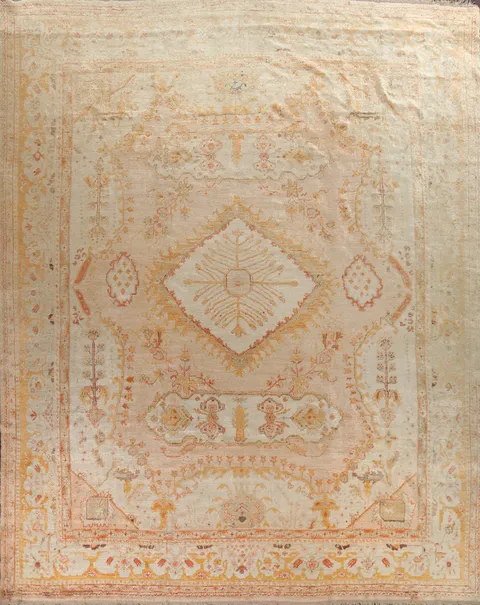 Pre-1900 Antique Vegetable Dye Oushak ANGORA Turkish Rug 13x14