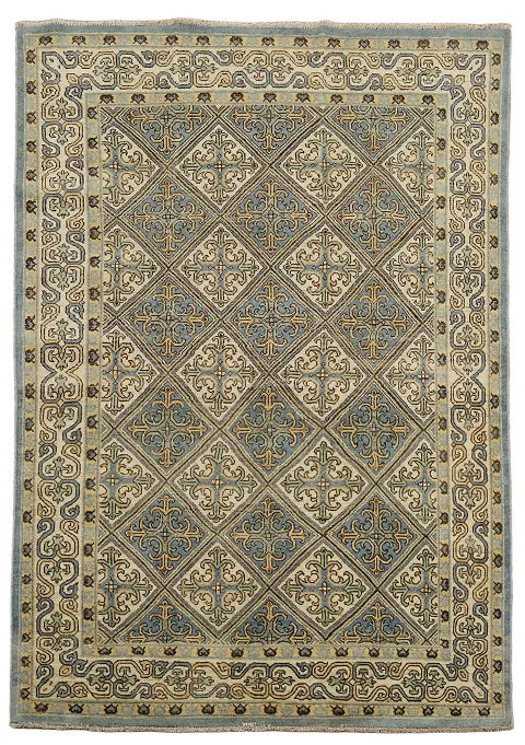 Luxurious Beige and Blue Khotan Rug with Exquisite Traditional Patterns 5x8 ft