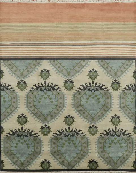 Sophisticated Rug Design with Floral Medallions and Subtle Stripes 8x10 ft