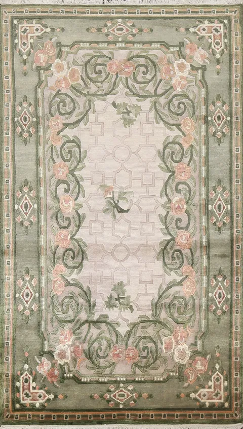 Beige & Green Nepalese Oriental Area Rug 4x6