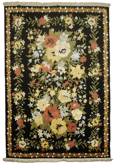 Lush Garden Vibes: Colorful Flowers Adorn Black Aubusson Area Rug 6x8 ft