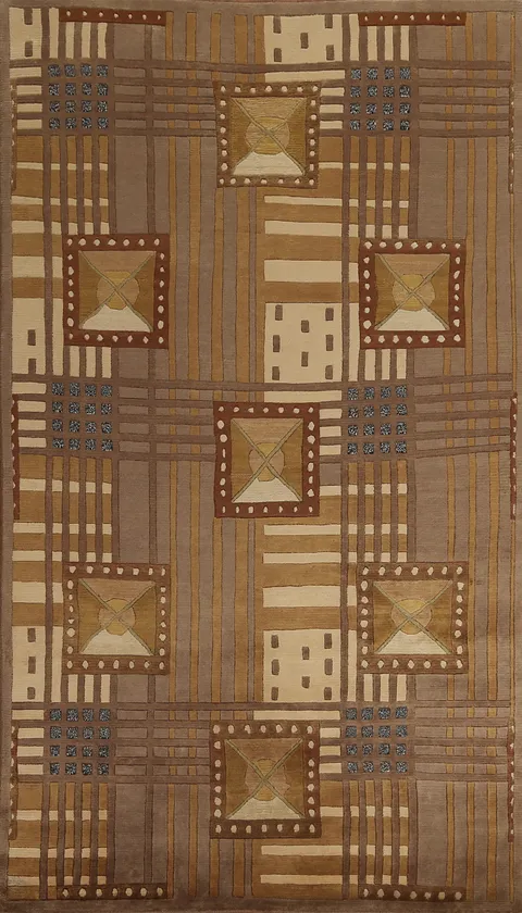 Brown Geometric Nepalese Oriental Wool Rug 5x8