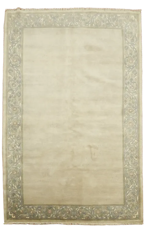 5'x8' Beige and Blue Nepalese Rug with Decorative Border Trim