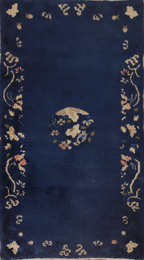 Blue Antique Art Deco Chinese Rug with Subtle Floral Pattern and Rich Details 3x6