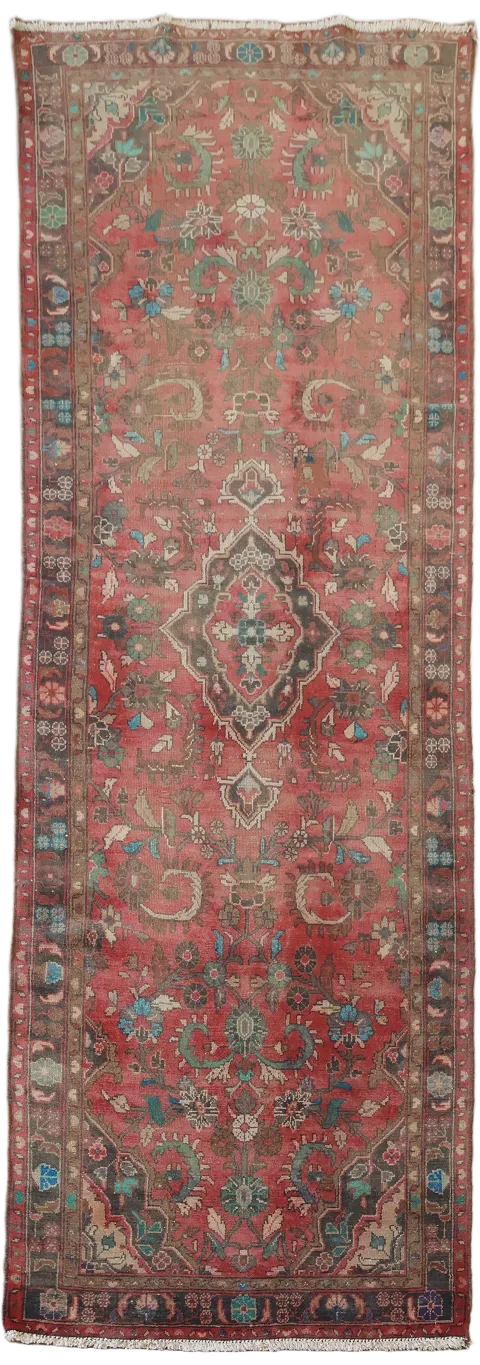 Vintage Geometric Tabriz Persian Runner Rug 9' 6'' x 3' 4''