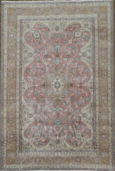 Distressed Pink Mashad Persian Area Rug 6x9