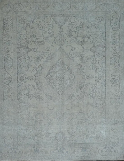 Vintage Muted Beige Distressed Persian Area Rug in Soft Neutral Hues 9x12