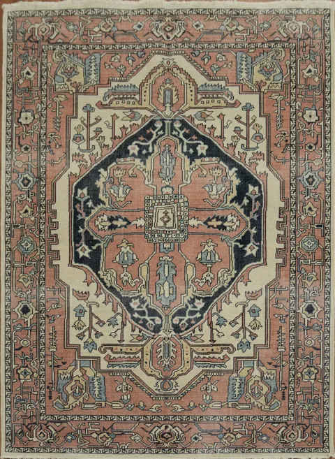 Traditional Persian Style Navy Blue and Coral Area Rug 5x7