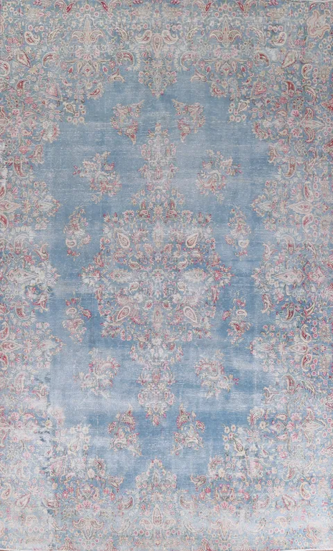 Vintage Style Blue Kerman Persian Distressed Rug 9x14