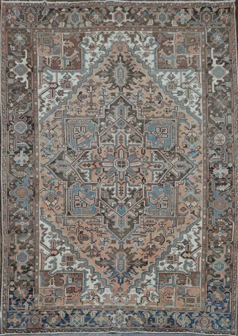 Geometric Coral and Blue Heriz Persian Area Rug 8x11