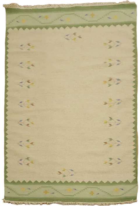 Flat Woven Kilim Rug with Soft Green Border and Floral Details 7x10