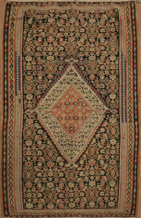 Pre-1900 Vegetable Dye Kilim Senneh Bidjar Persian Rug 4x7